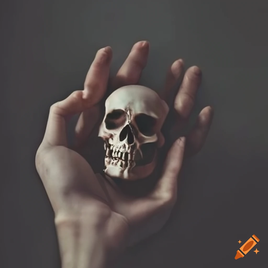 Dark academia hands reaching out to a skull
