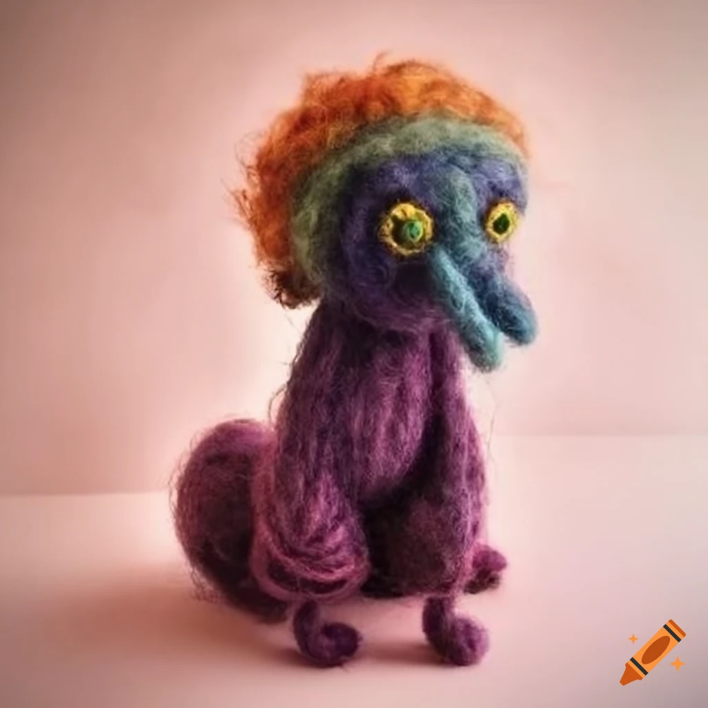 Felted wool creatures in intricate outfits on colorful backgrounds