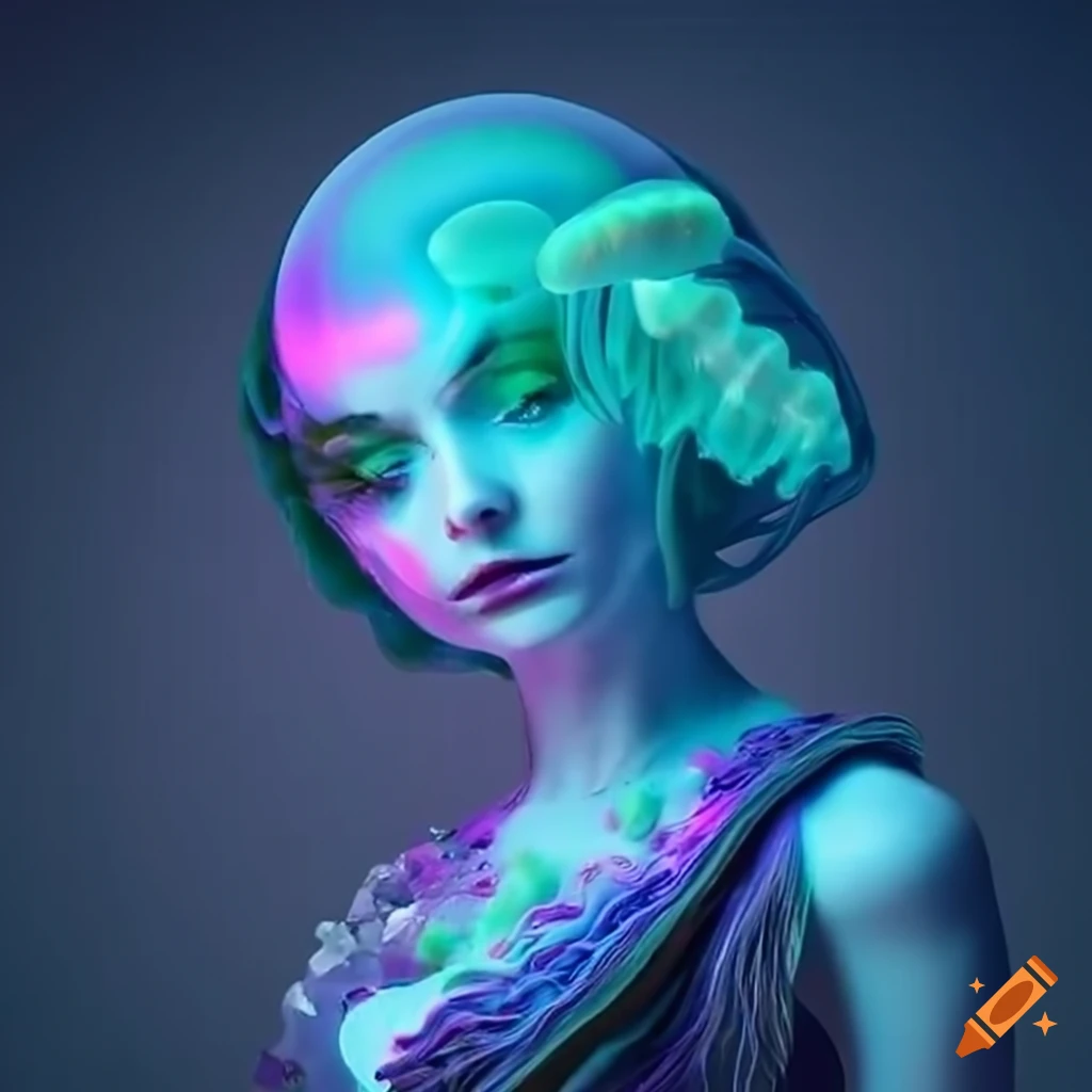 Jellyfish-made mushrooms, green hair, goddess(a woman who is adored ...