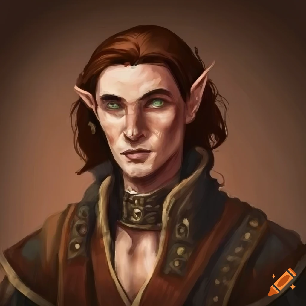 Portrait of a thin halfelf man in tavern attire on Craiyon