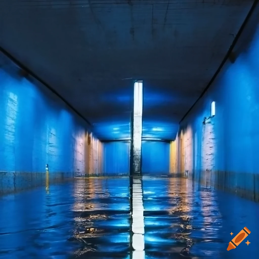 Blue flooded underground tunnel in a parking lot