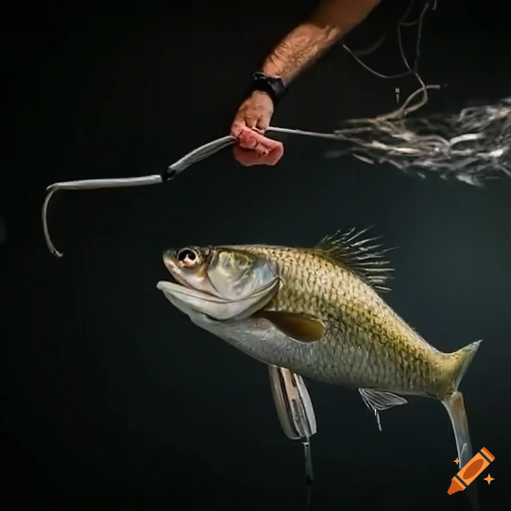 Man catching fish with ice hockey stick landing net on Craiyon