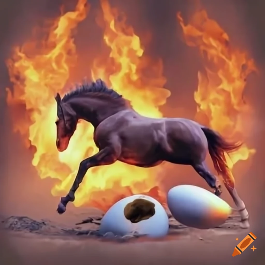 Thoroughbred fire horses jumping over a fence near an exploding egg on