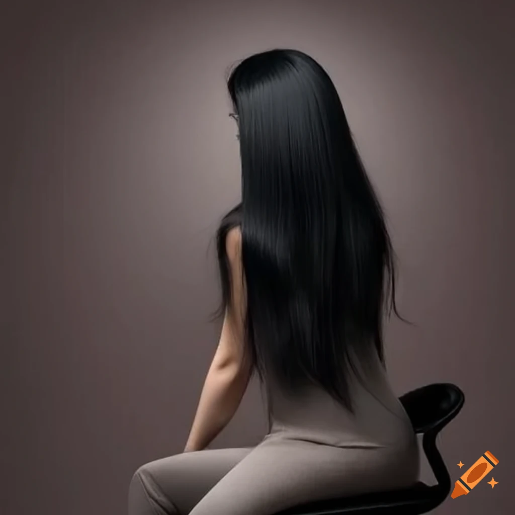 Woman with long black hair sitting in a chair seen from the back on Craiyon