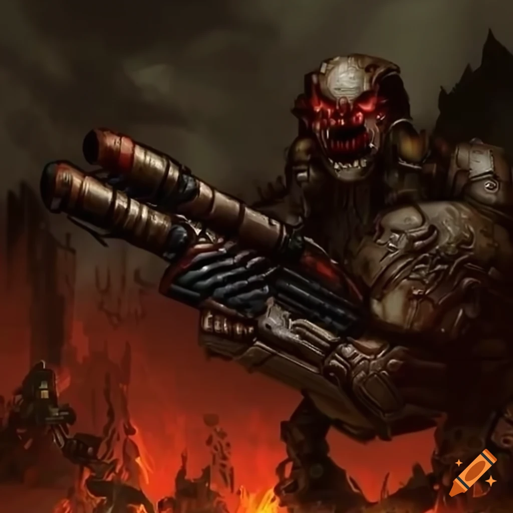 8-bit demon from doom 2 with vivid colors and gatling gun on Craiyon