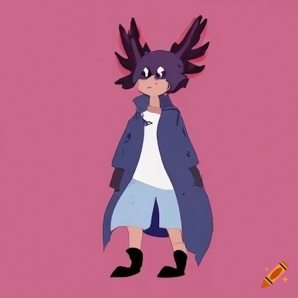 Axolotl character with city background in casual clothing