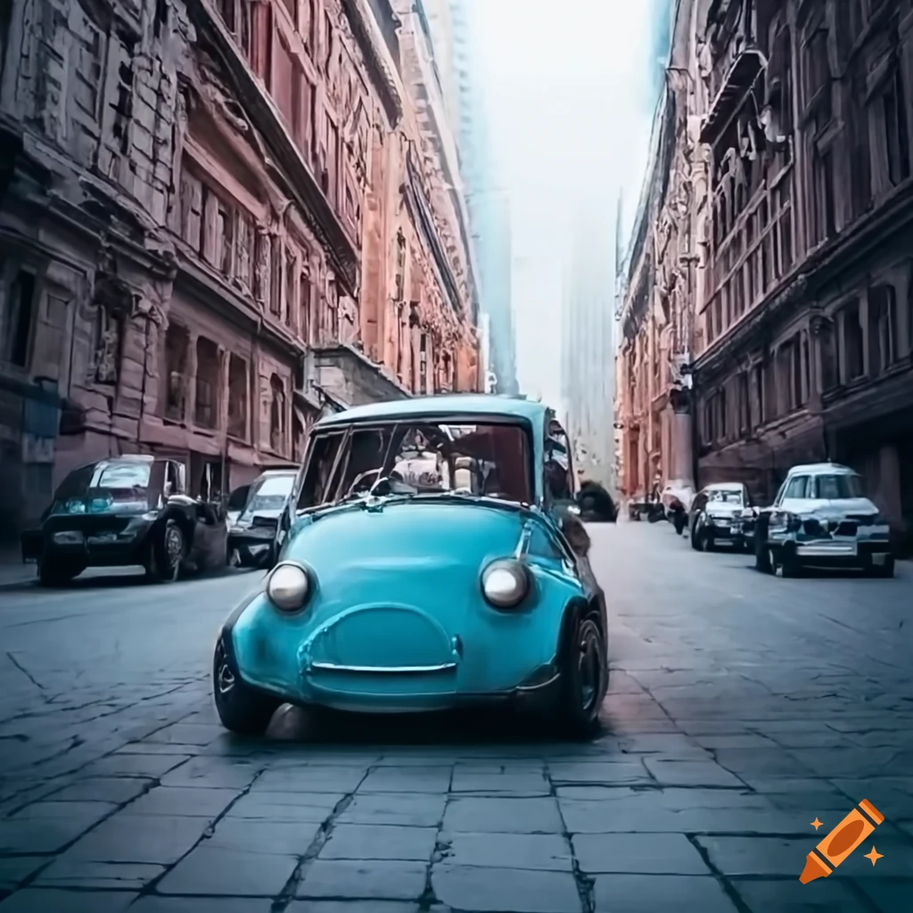 Small car on a street with global tourist attractions