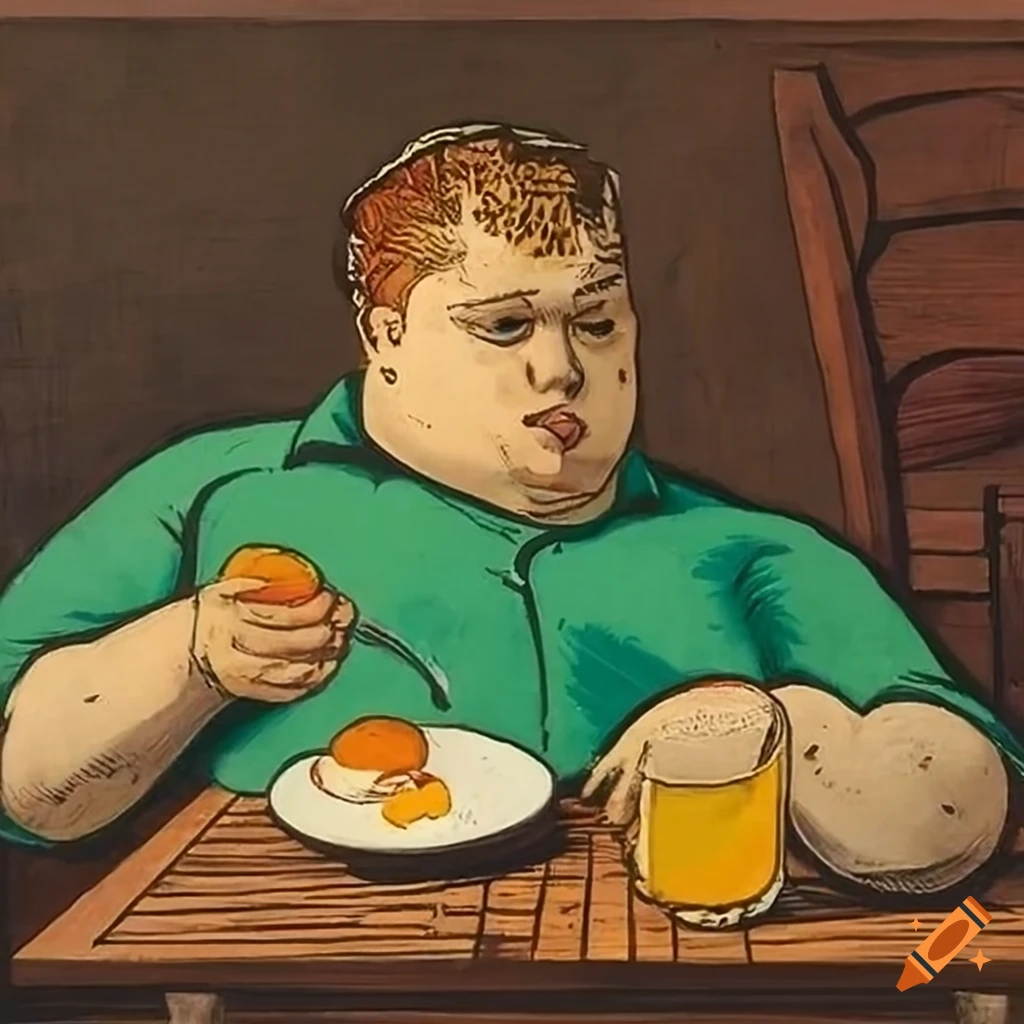 Man eating eggs and bacon in a simple cafe setting on Craiyon, image size:1024x1024
