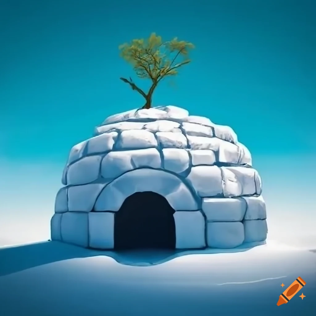 Igloo with a tree growing on top and a snowboard