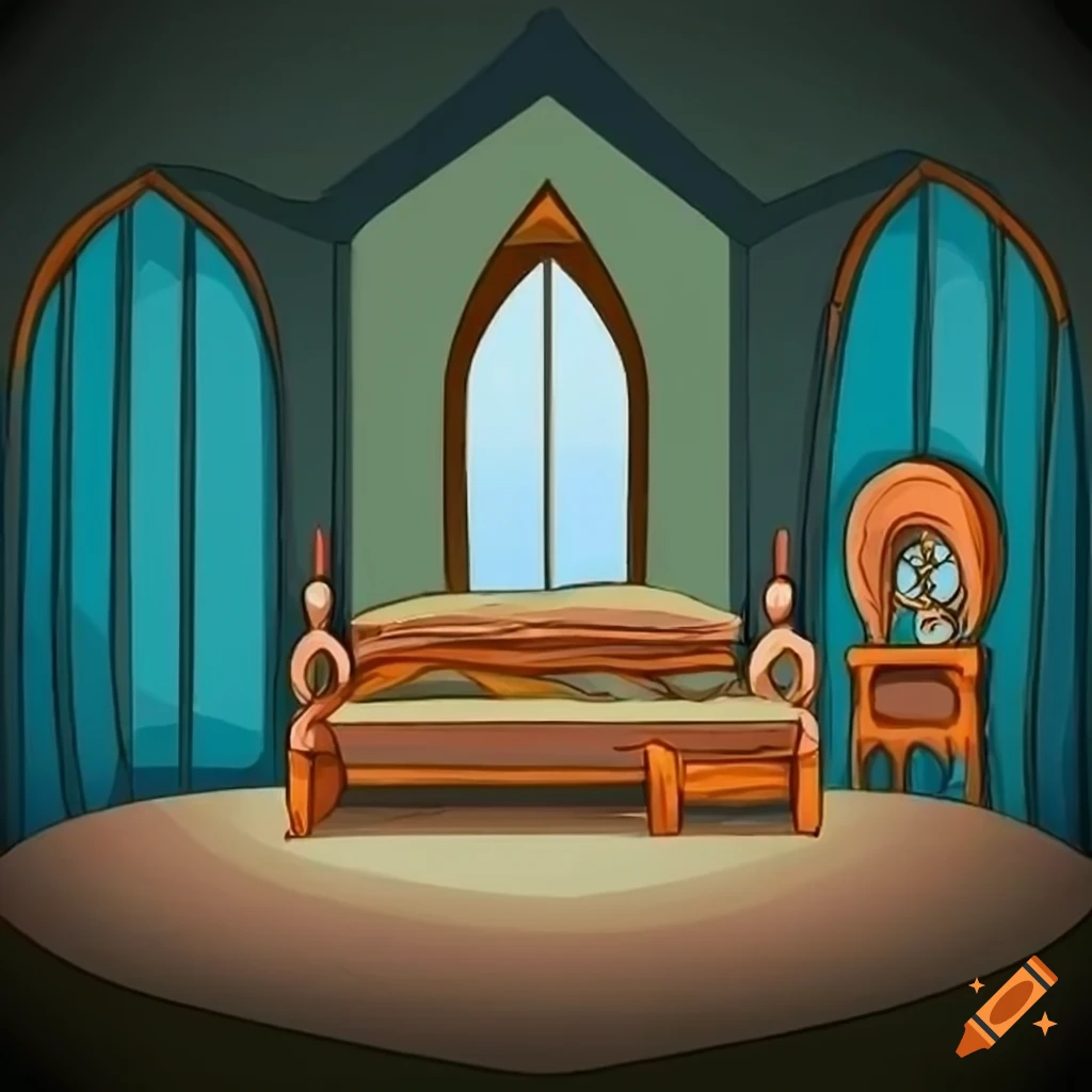Cartoon medieval bedroom in side view on Craiyon