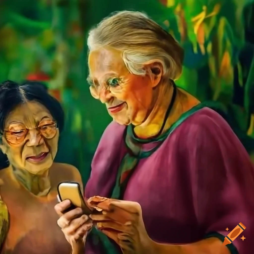 Culturally-diverse older people happy in a rainforest setting with smartphones