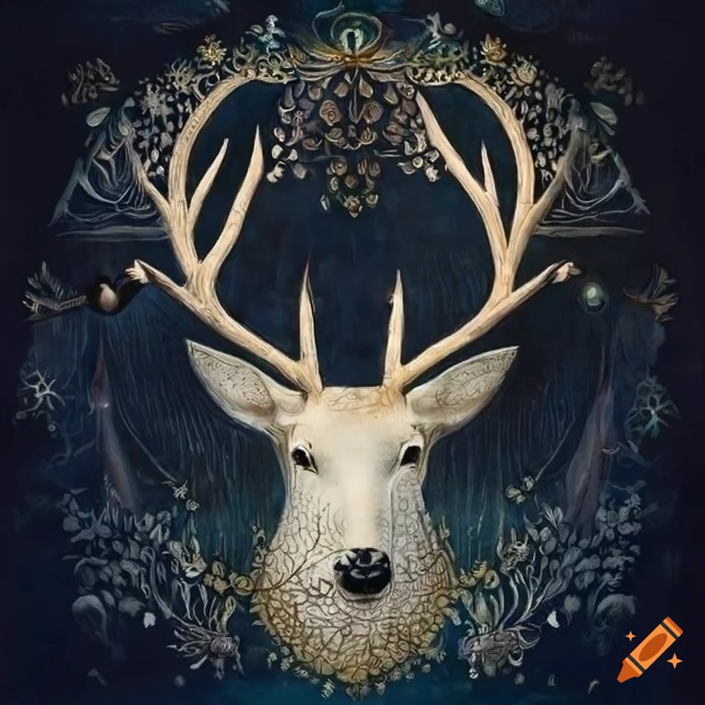 Illuminated manuscript of a white deer in a forest with intricate ...
