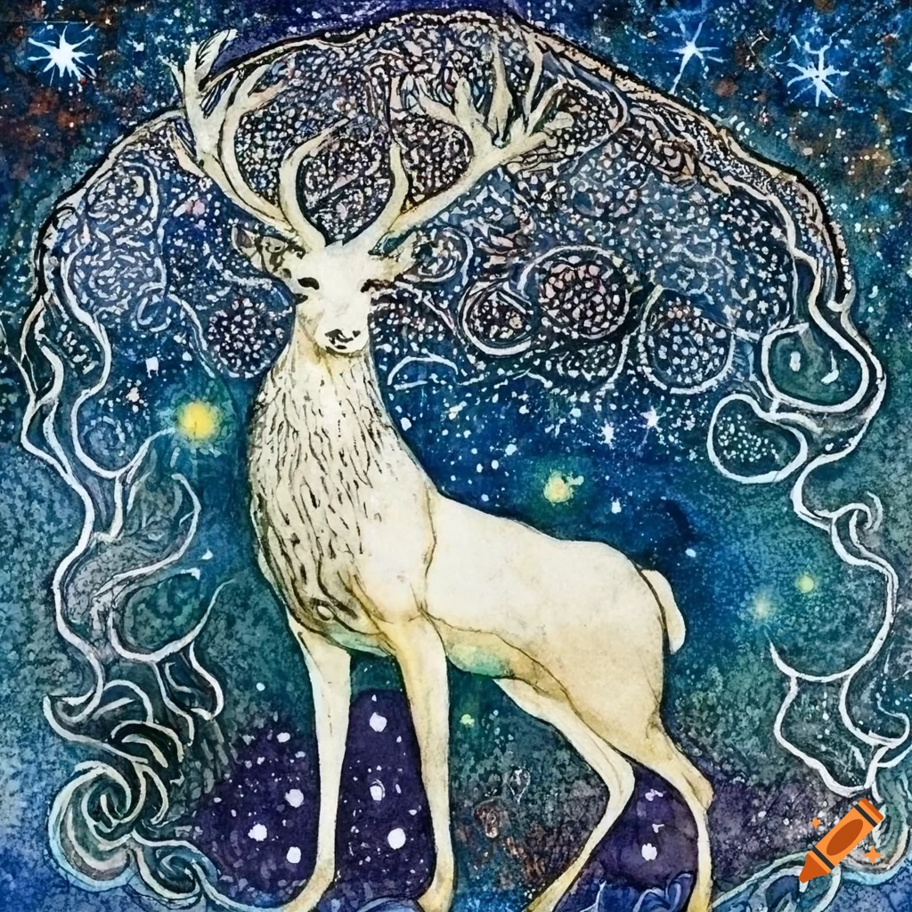 Watercolor illustration of a Celestial white stag in aboriginal art style, inspired by Edmund Dulac and Yoshitaka Amano