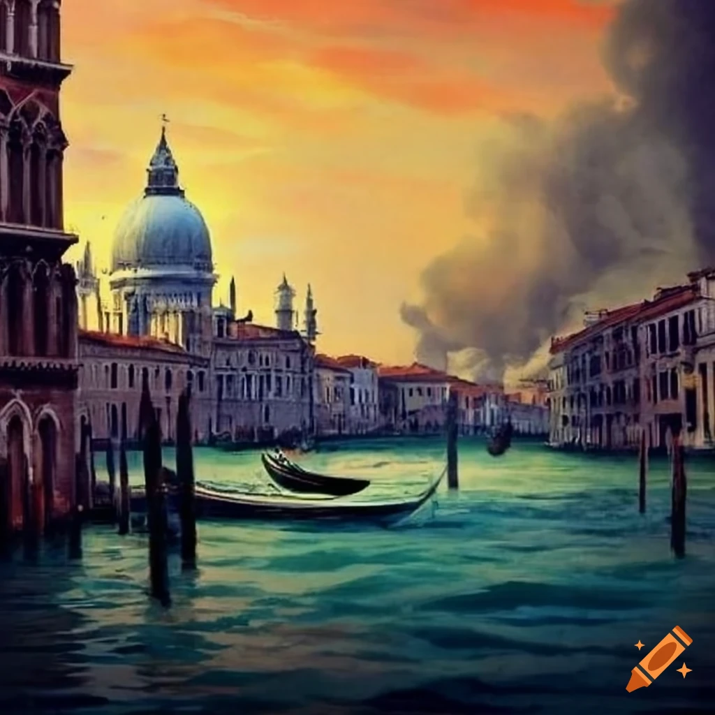 Vintage poster of Venice after a powerful explosion