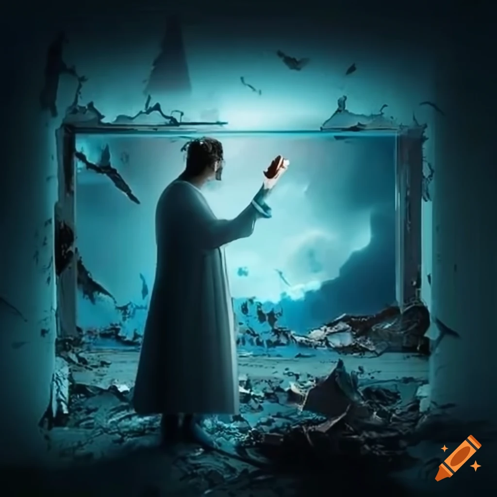 Scientist looking through window at destroyed world