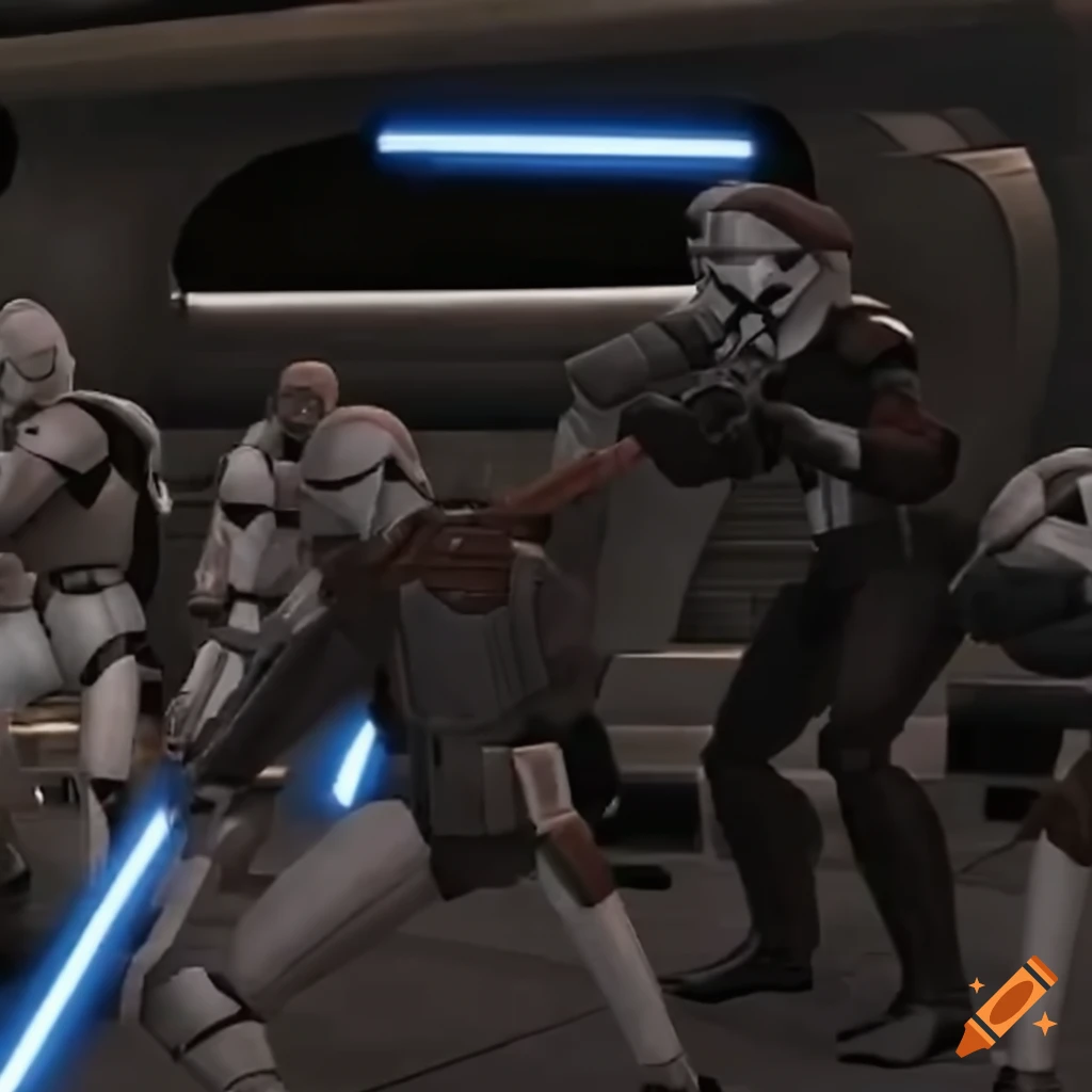 "star wars" old republic troopers fighting on a starship as a jedi