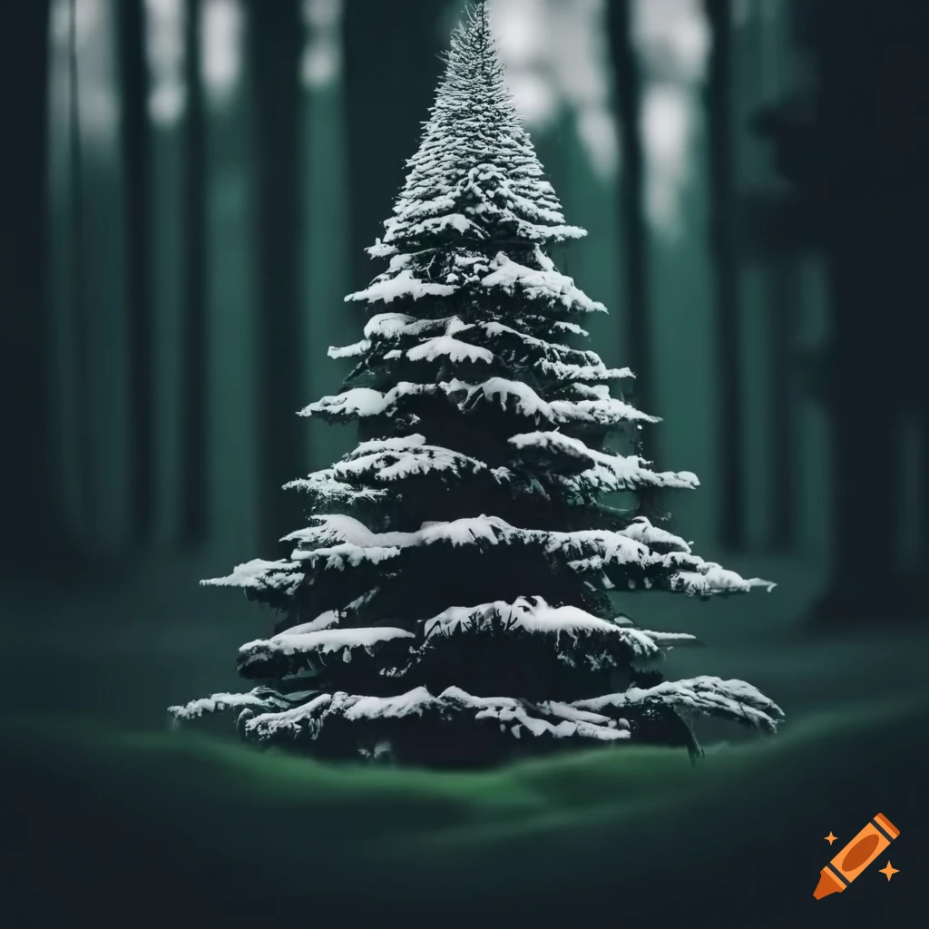 Sapin with garlands in a forest of black and white trees in the mist on