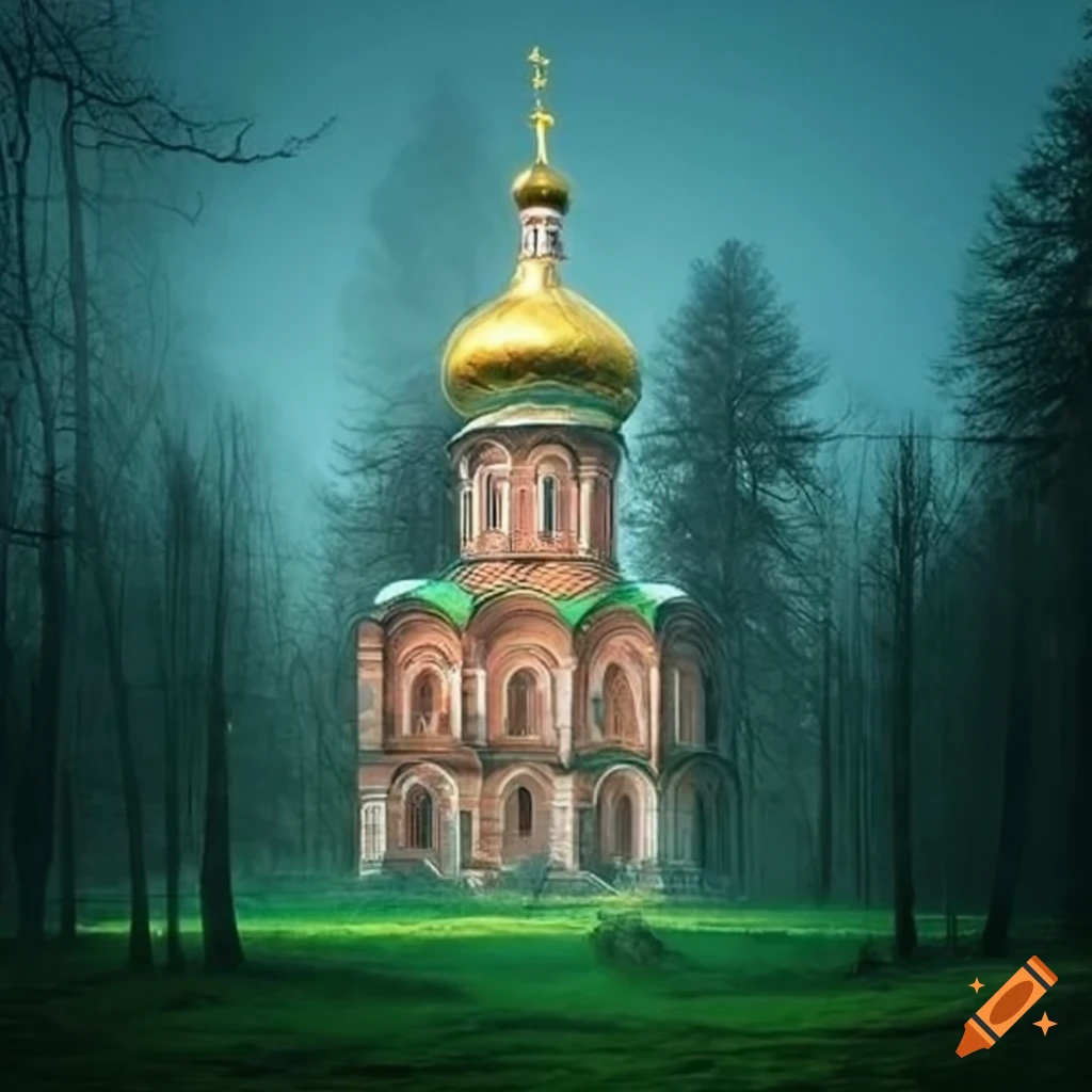 Grand russian church tower with onion dome in a mystic forest landscape