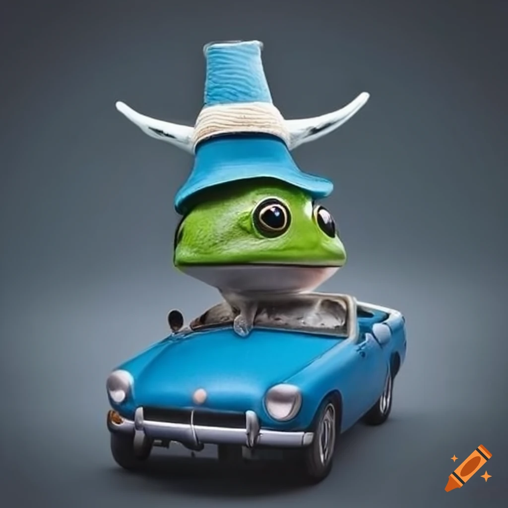 Frog wearing cowbot hat driving a blue mgb on Craiyon