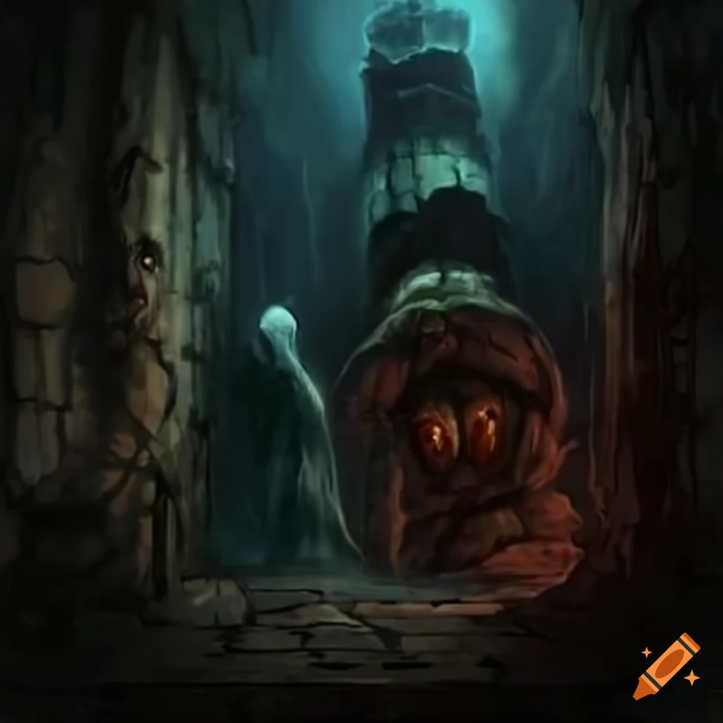 Ethereal scene with ghosts in a dungeon hall