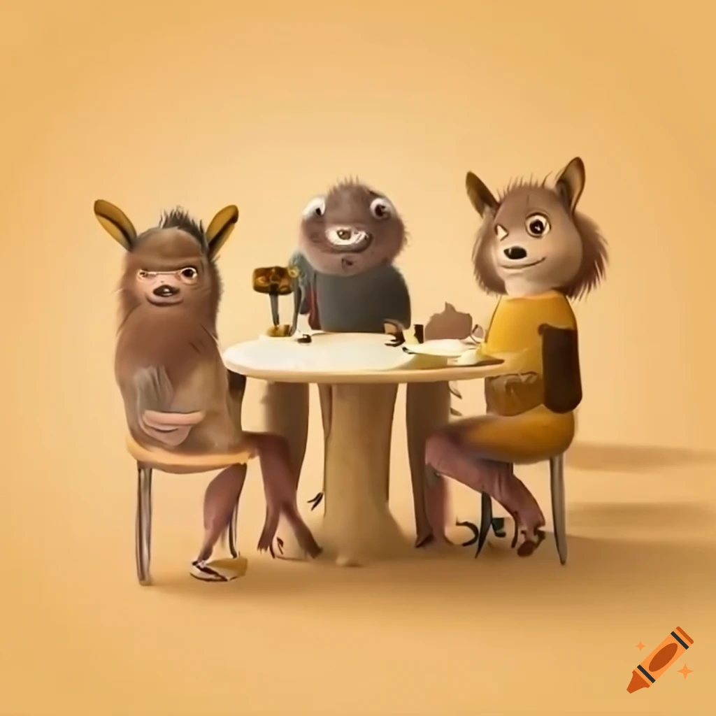Diverse animals drinking tea in a meeting room