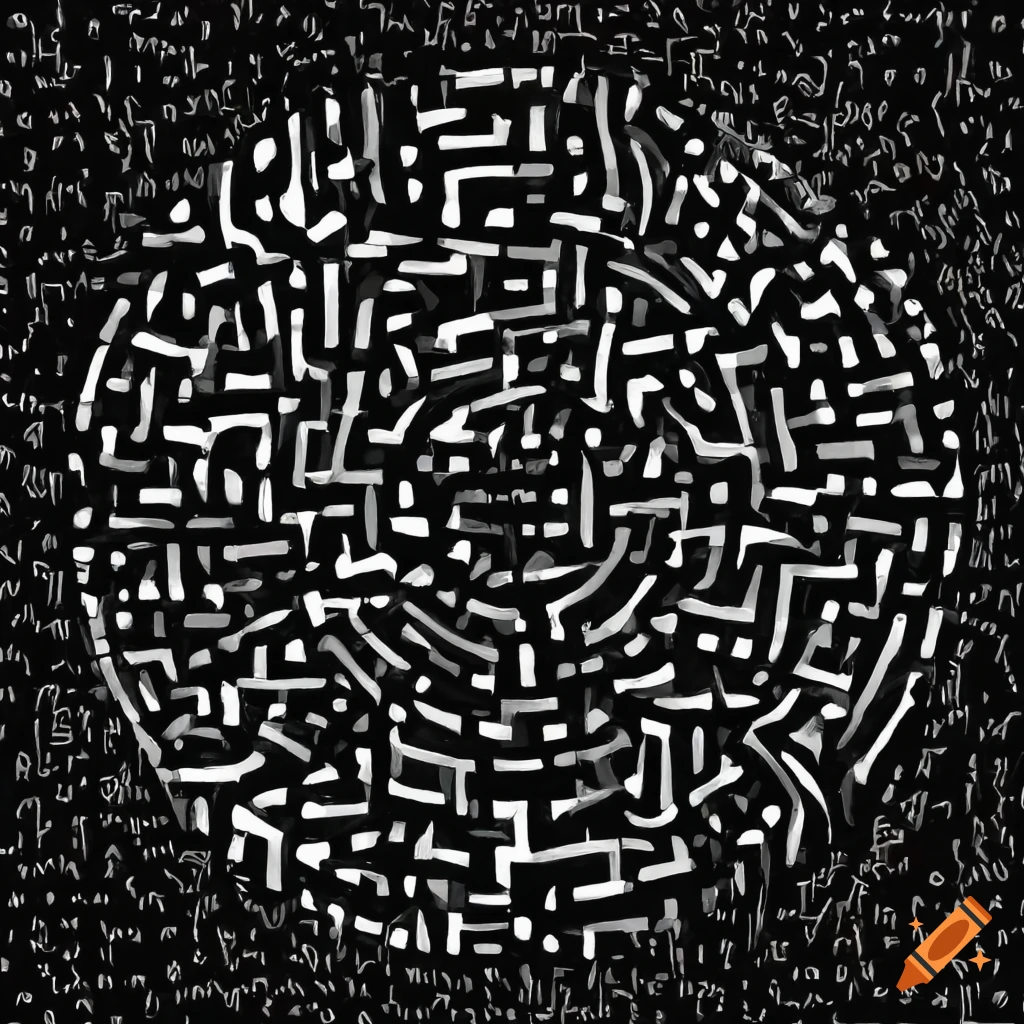 Abstract black and white mosaic painting of people in a maze on Craiyon