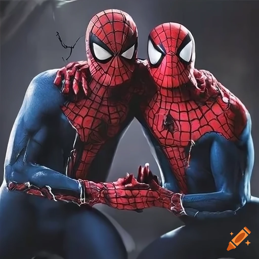 Spiderman and venom embracing in a hyper realistic depiction on Craiyon