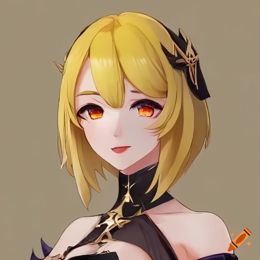 Portrait of a woman with short yellow hair and black eyes
