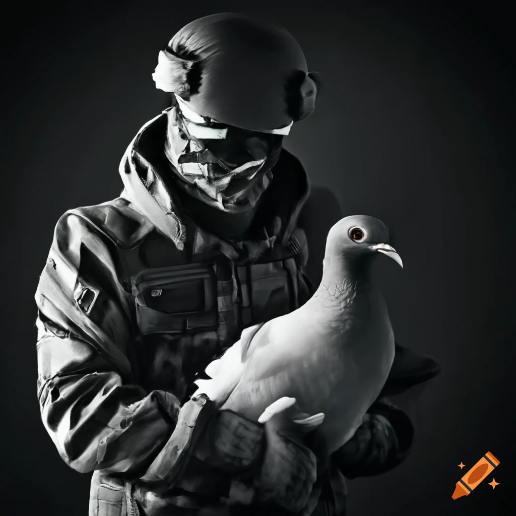 Modern soldier holding a pigeon in black and white on Craiyon