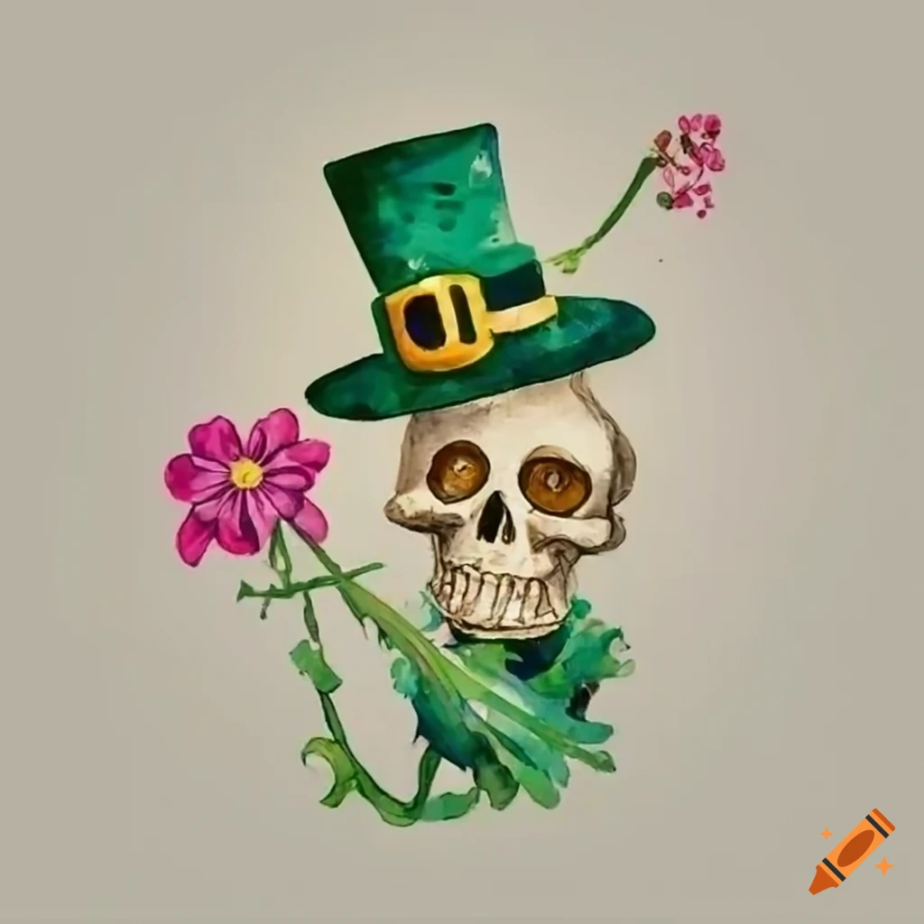 Skeleton with leprechaun hat holding a flower in spring on Craiyon