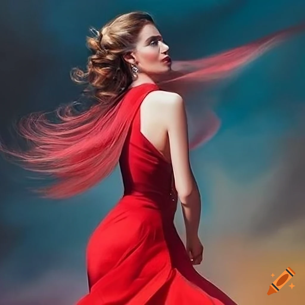 Stunning beauty dancing in flowy red dress, intensely illuminated on ...