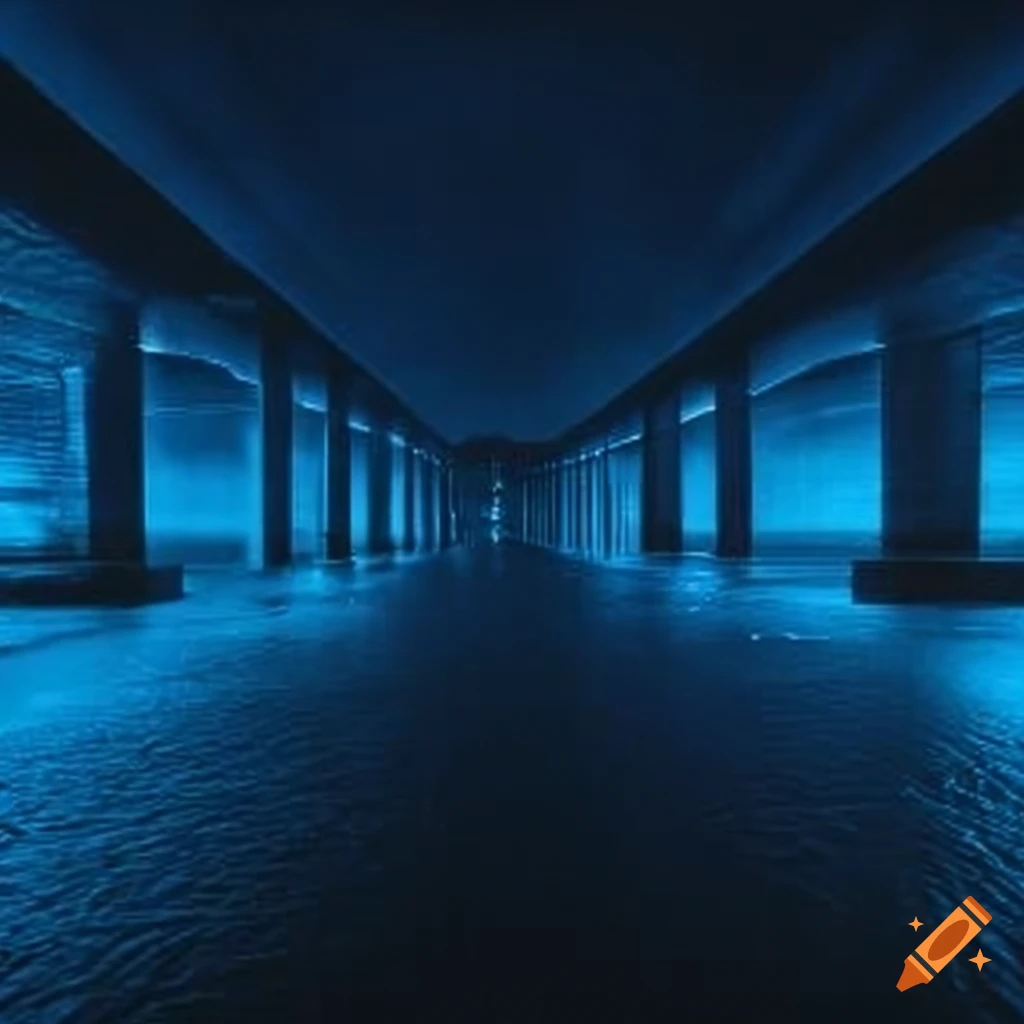 Flooded underground parking lot with blue lighting