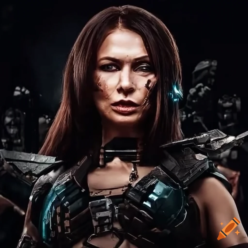 Futuristic warrior woman battling mutants in an arena with spectators