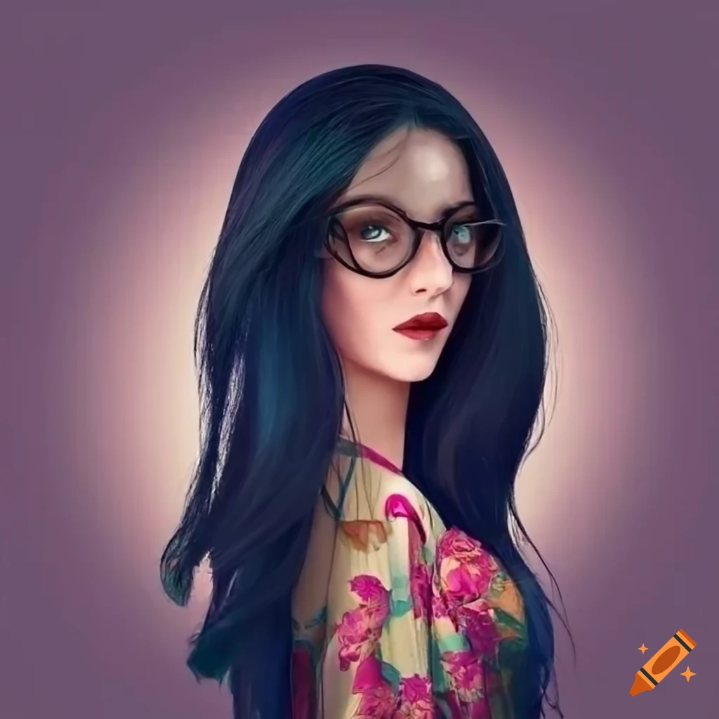 Portrait of a woman with long black hair, glasses, and floral dress on ...