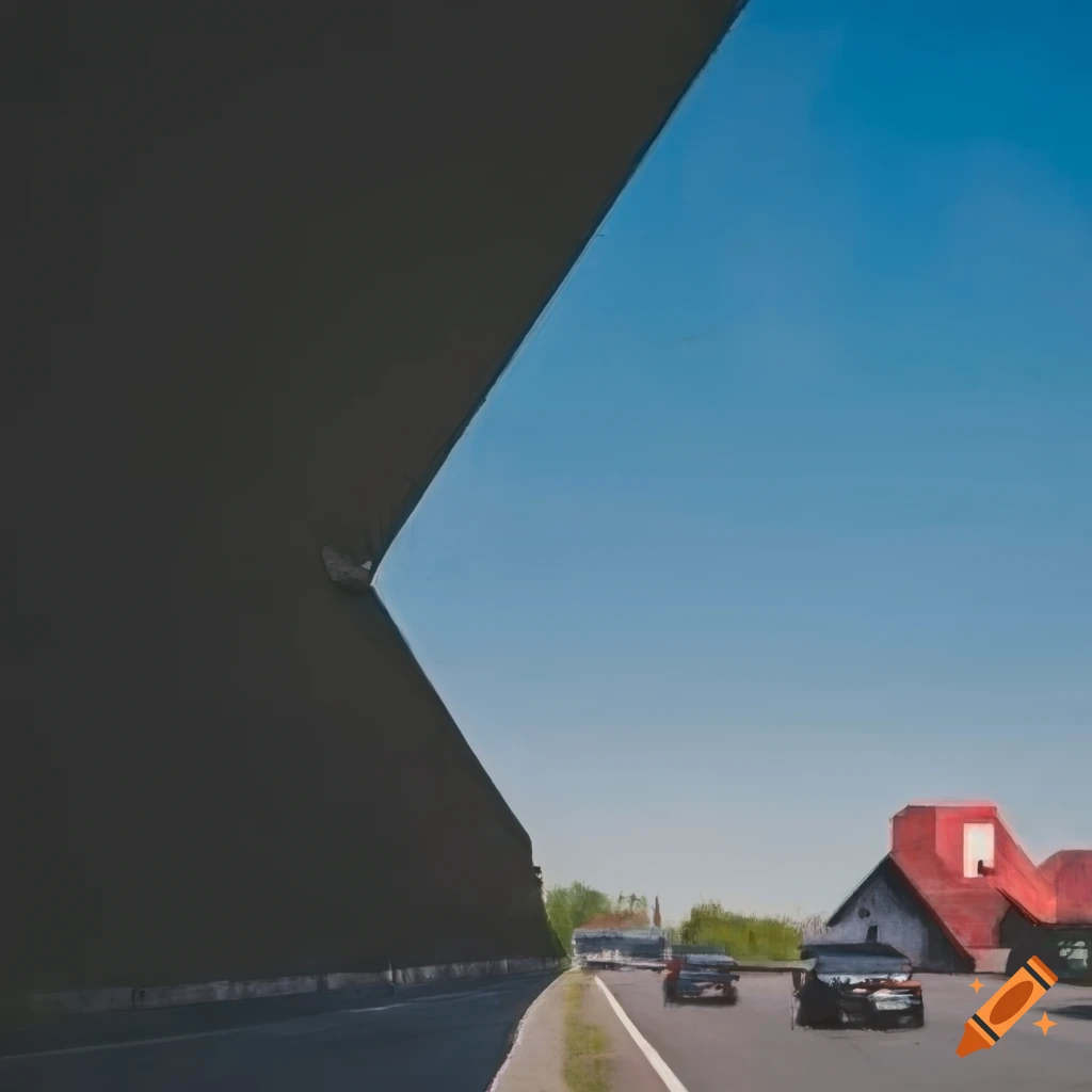 Hexagonal concrete brutalist theatre beside a motorway with pigeons