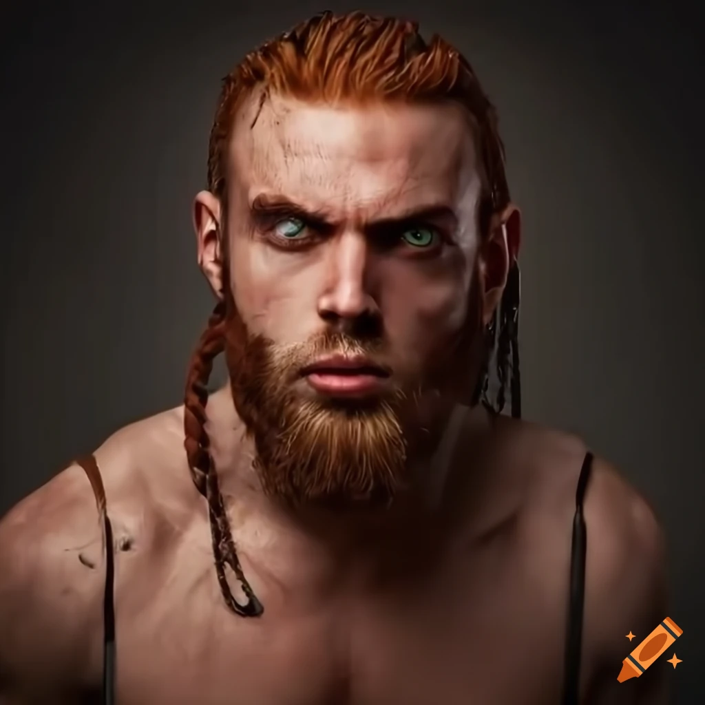 Young muscular man with green eyes, red beard, and braided hair in ...
