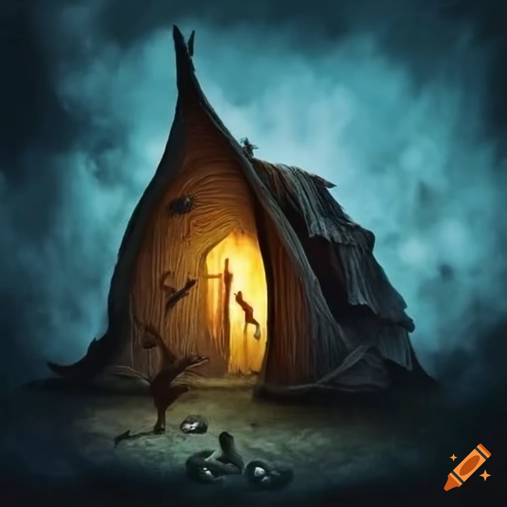 Woven tapestry of a witch's hut with bird legs and smoke from the chimney