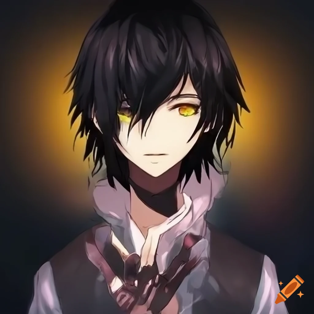 Male with black hair, yellow glowing eyes, and pale skin in anime style