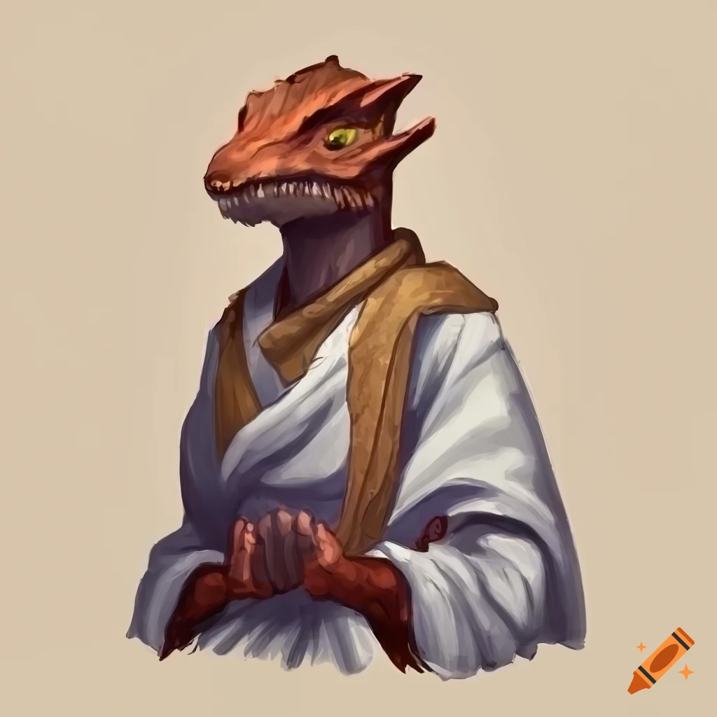 Kobold monk wearing a white fur cloak in DnD portrait style