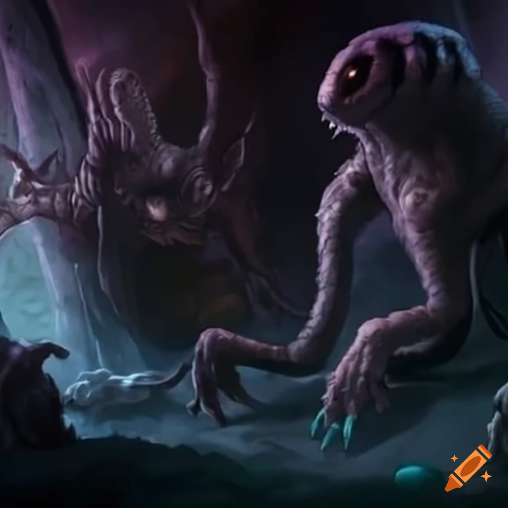 Monster in dungeon hall with illogical creatures