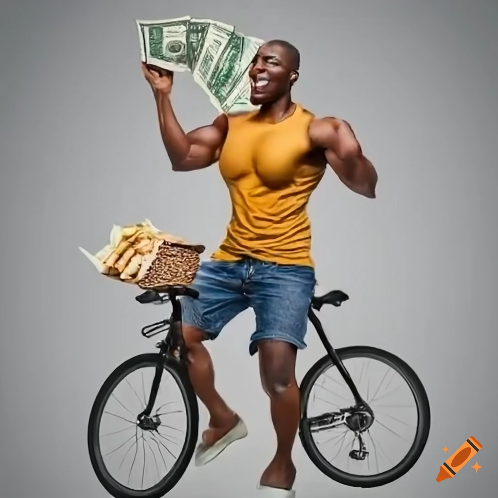 Smiling muscular man biking with shirt, delivering fries and burgers with floating dollar bills