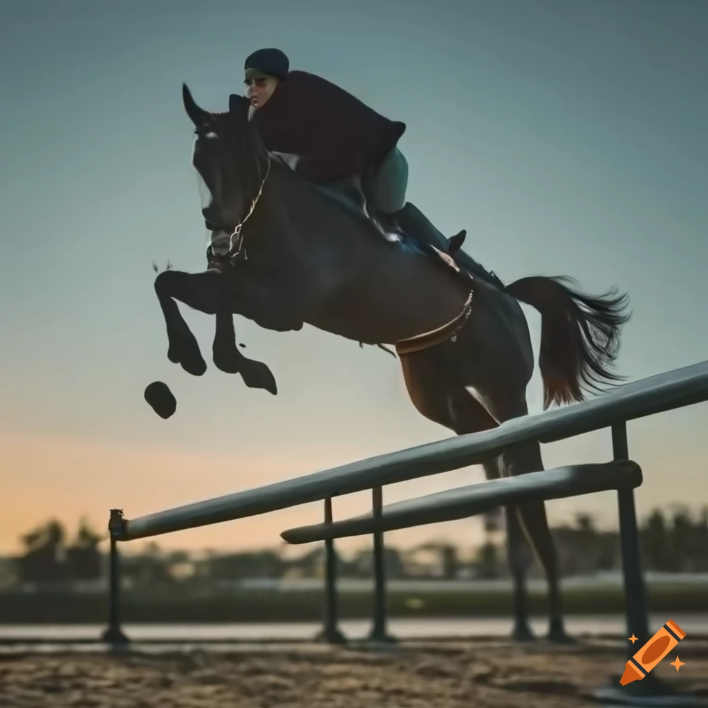 Girl in hijab riding a black horse jumping over hurdles at sunset on