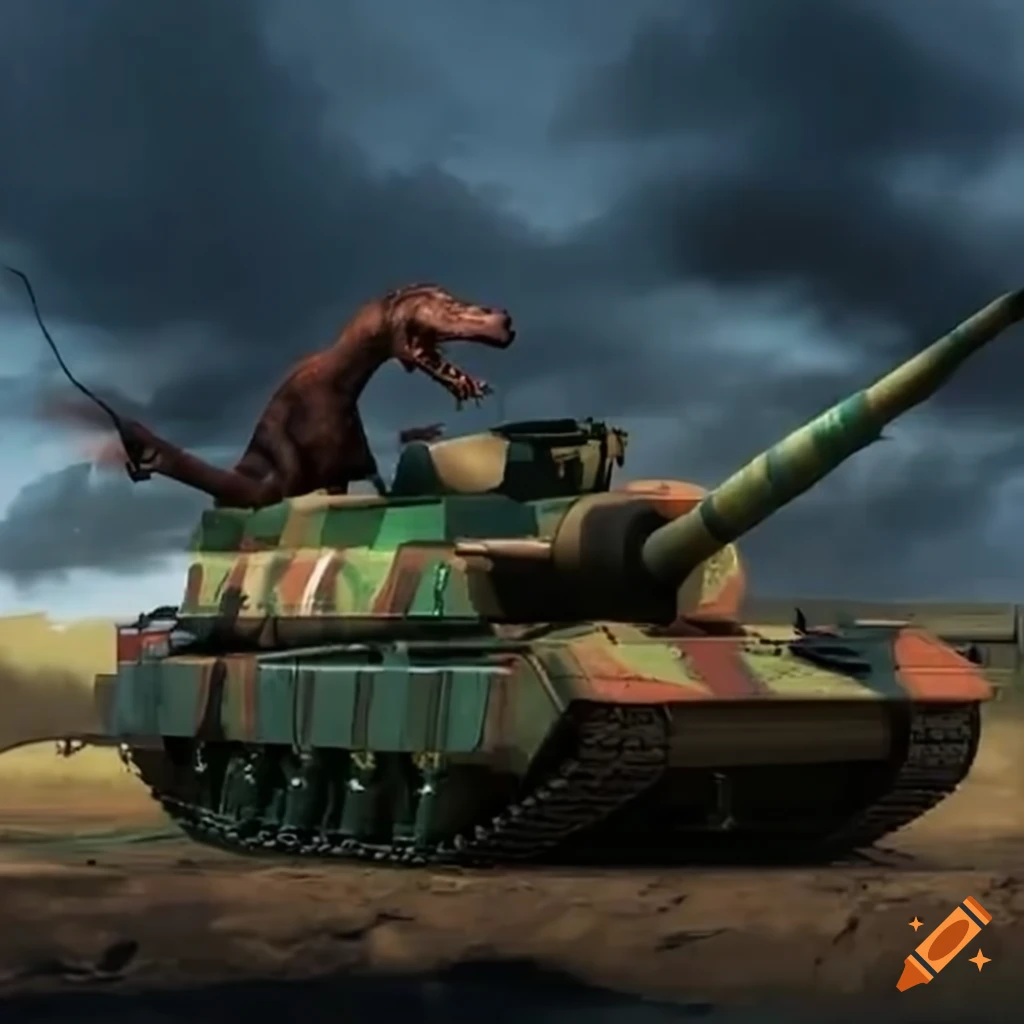 Dinosaur driving a military tank on Craiyon