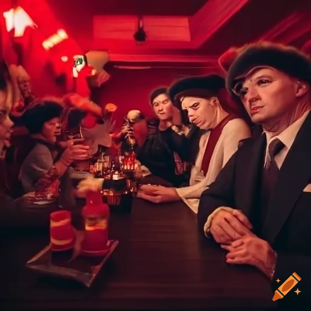 Large group of people wearing USSR style fur hats in a bar