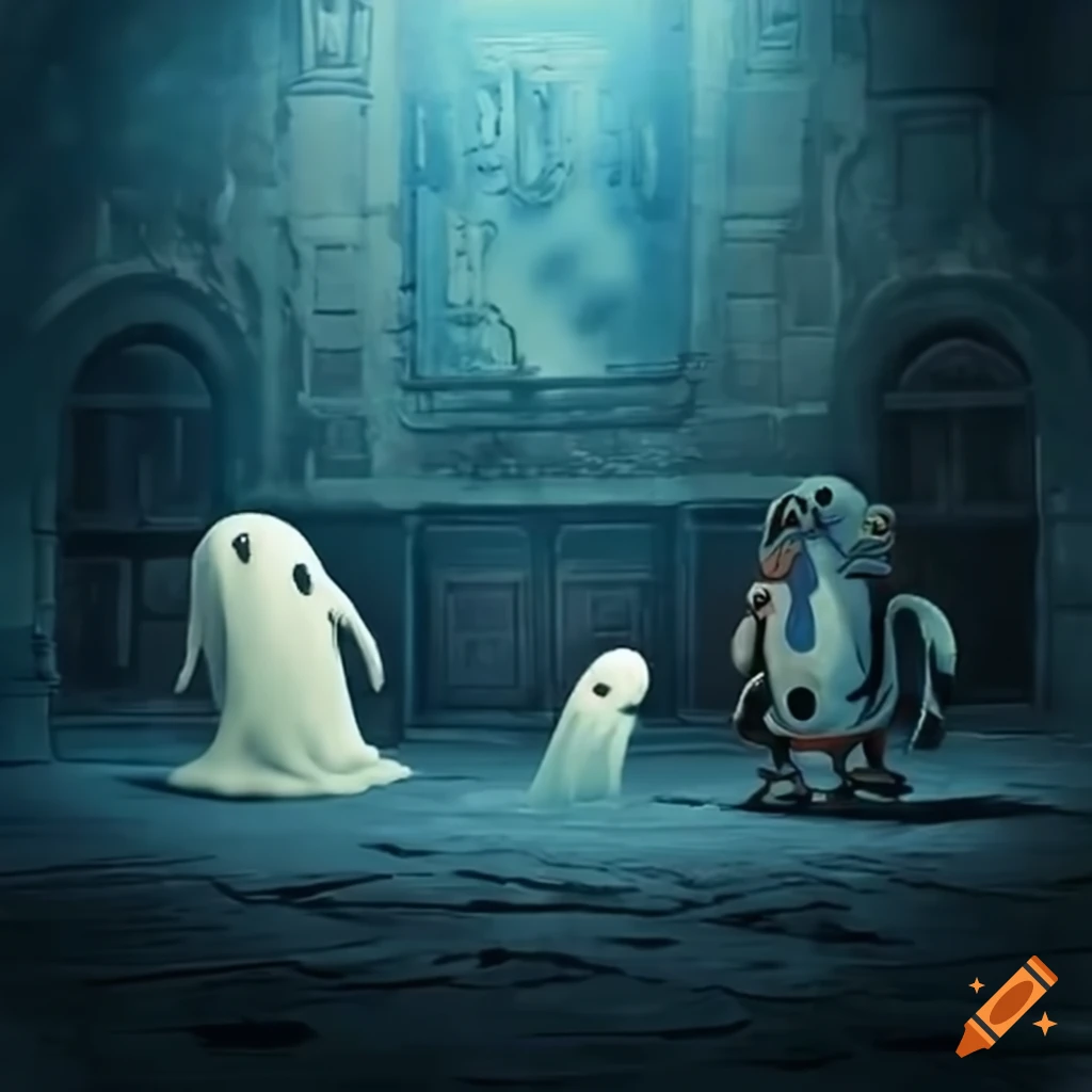 Smiling mickey mouse ghosts and ghost of r2d2 in a dungeon hall on Craiyon