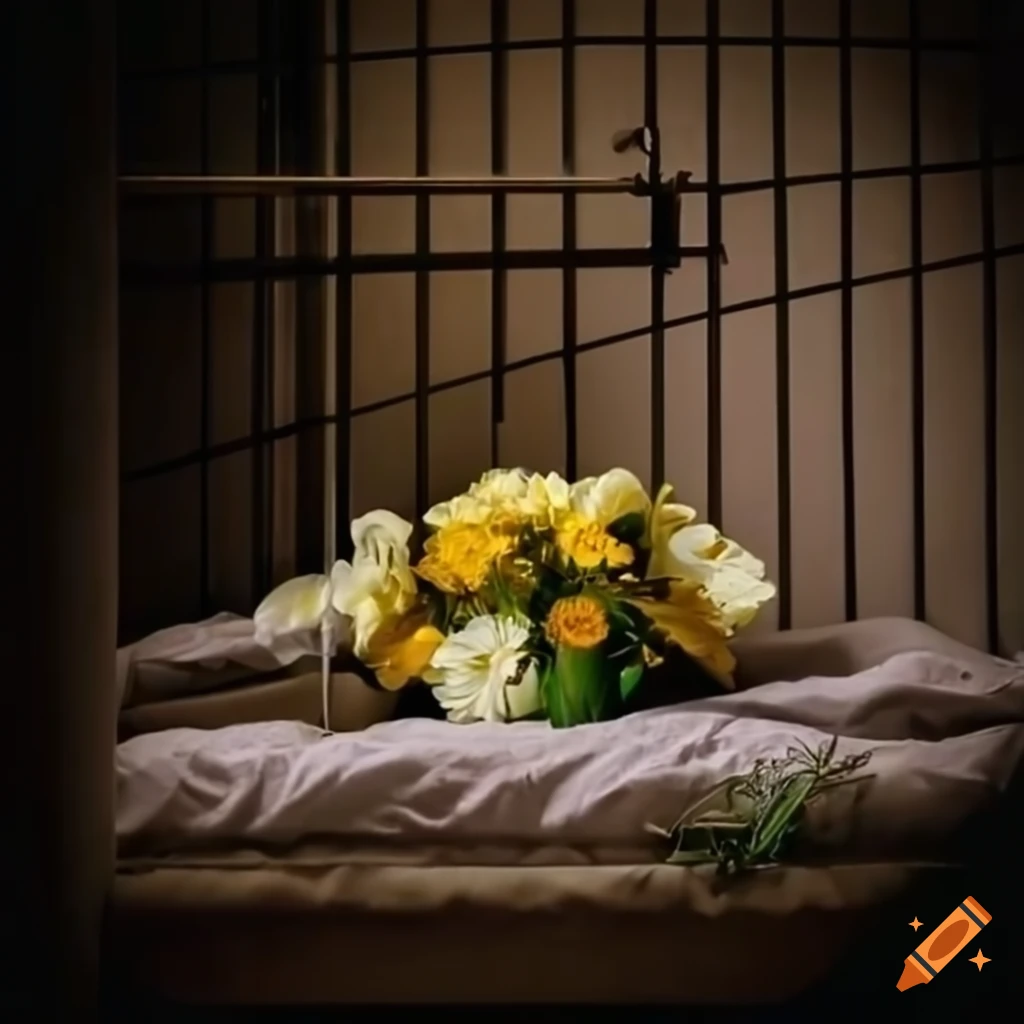 Bouquet of flowers on a bed in a jail cell on Craiyon