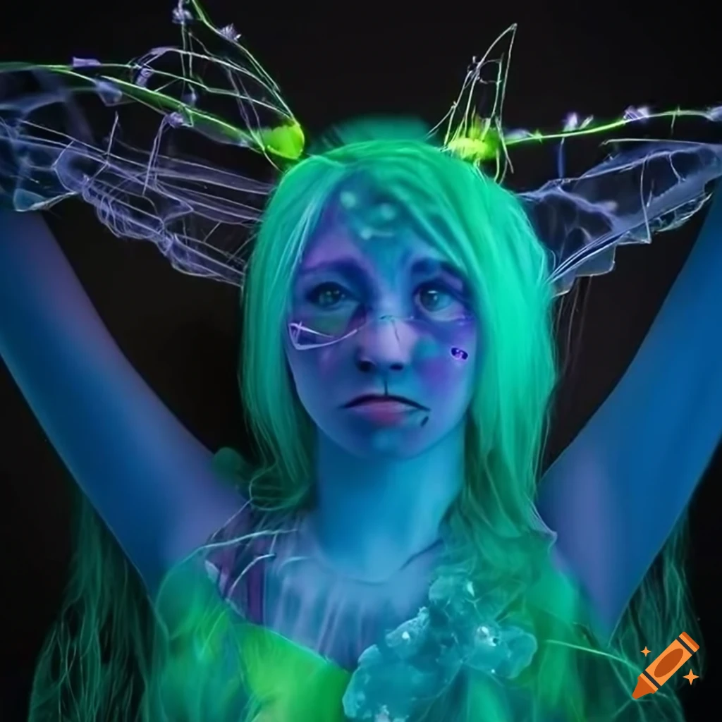 Jellyfishmade mushrooms and crystals, green hair, goddess(a woman who
