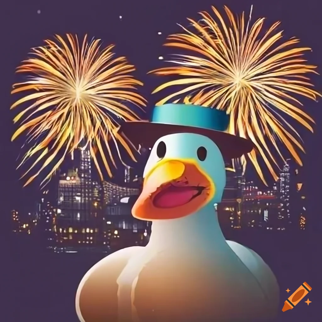 Duck in top hat celebrating new year's eve with city fireworks on Craiyon