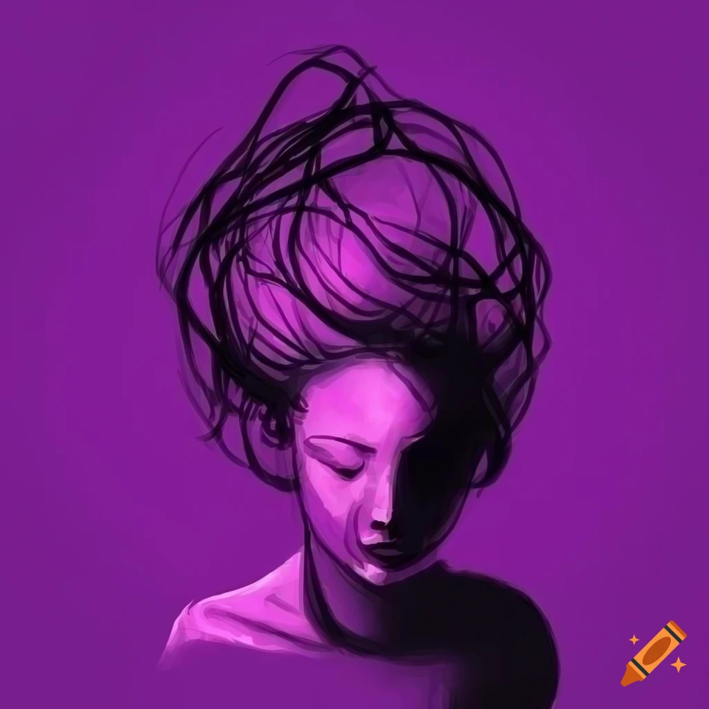 Concept of sorrow represented by a simple black pencil drawing on purple and white background