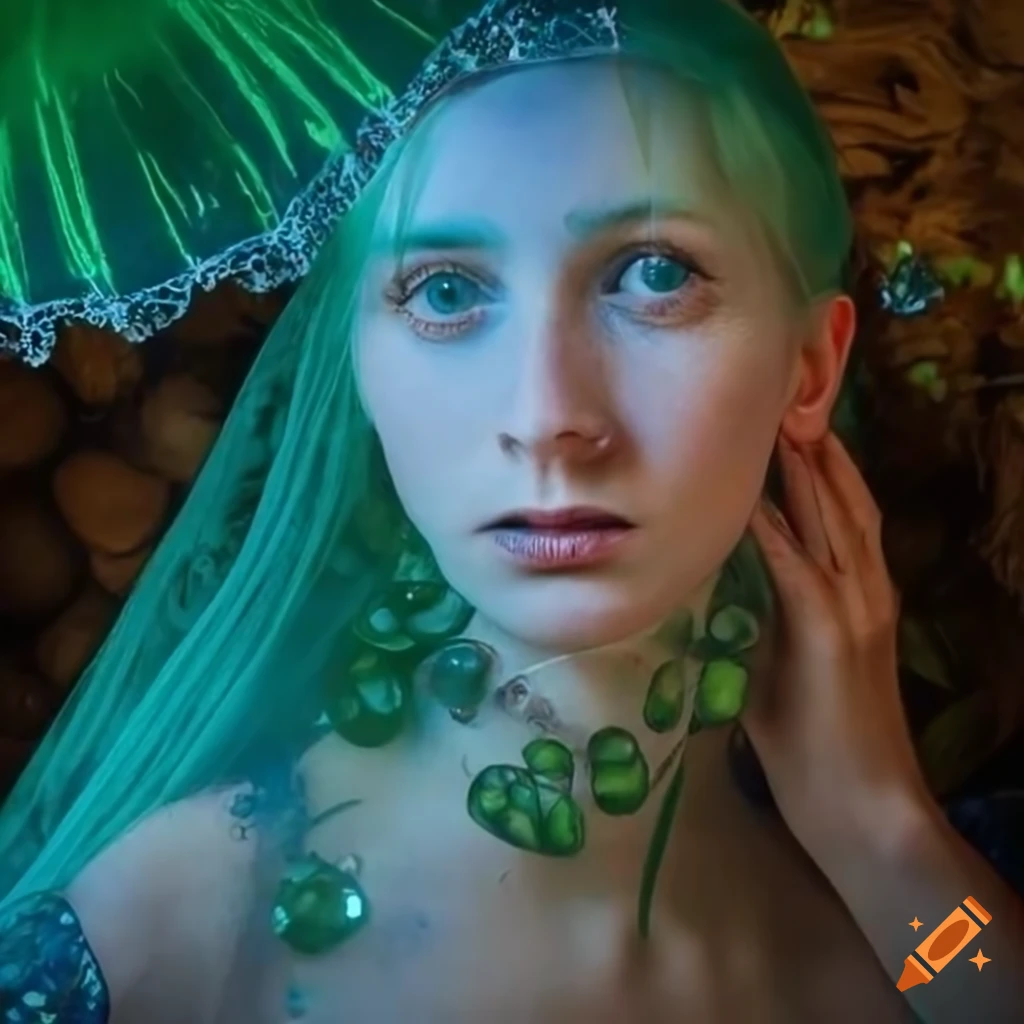 Mushroom and crystal jellyfish with green-haired goddess in traditional Christian Roman Orthodox dress and fairy wings